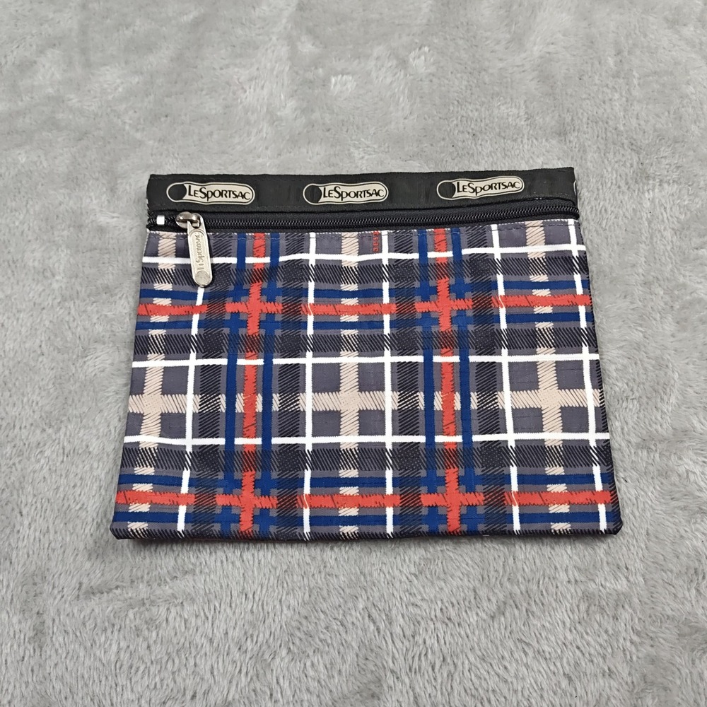 LeSportsac Pouch Womens Small Blue Red Plaid Ripstop Nylon Zipper Travel Bag